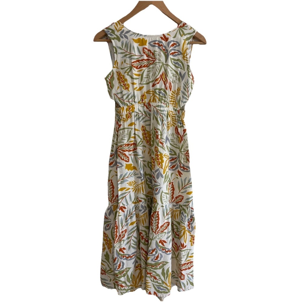 Japna Tropical Leaf Maxi Dress Small Linen Blend Smocked Cutout Tiered Boho SP